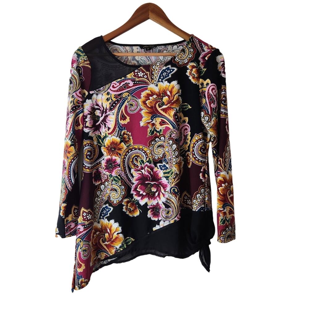 Melissa Paige Size Small Asymmetrical Hem Sheer Yoke Floral Paisley